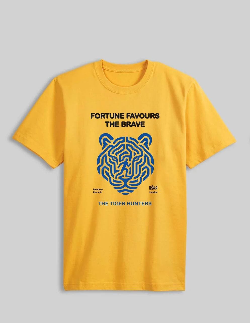 The T-shirt design: "Fortune favours the brave" above the tiger, "The Tiger Hunters" below