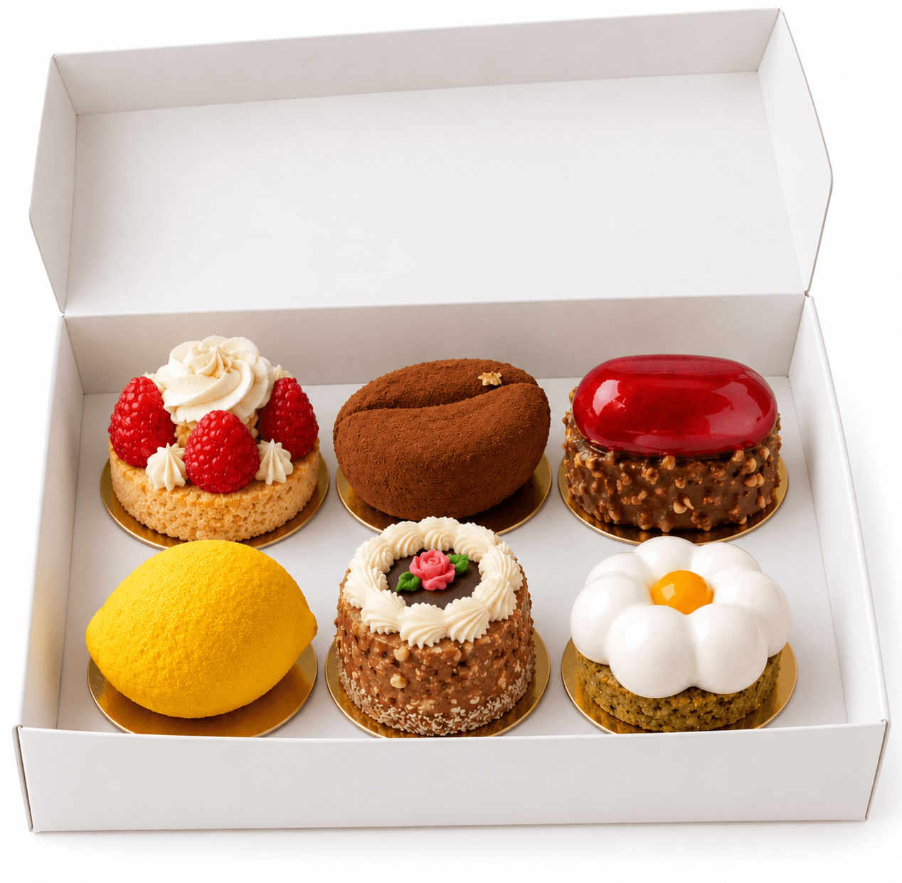 A box of six handmade cakes