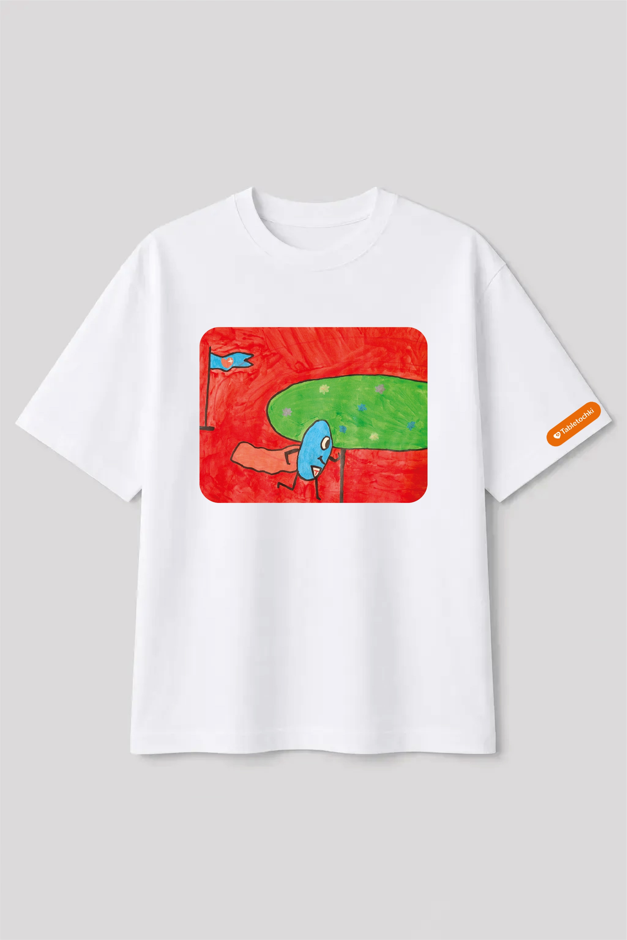 A white t-shirt printed with a child’s drawing of Tabletun