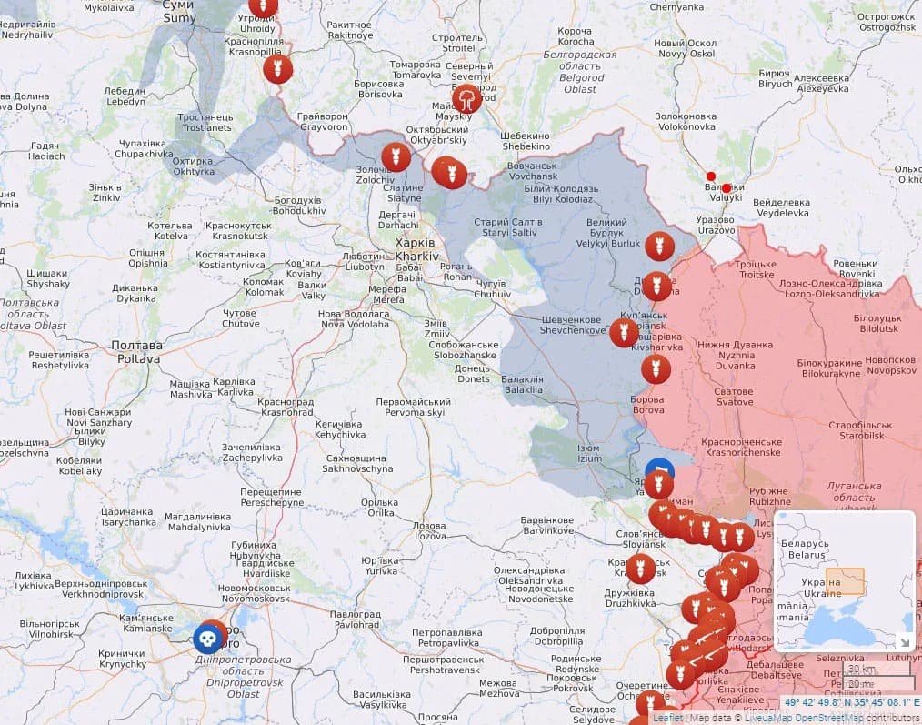 Map of the front line around Kharkiv in eastern Ukraine